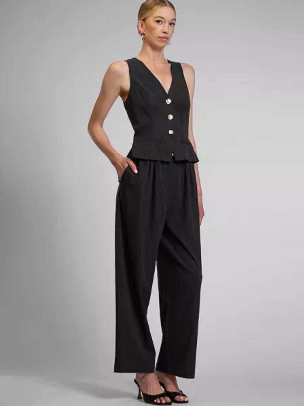 RACHEL Rachel Roy Women's Annie Peplum V-Neck Vest Black Wide Leg Jumpsuit Sz 10